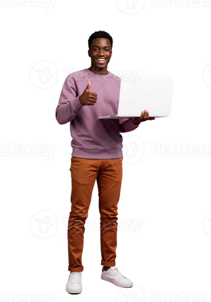Smiling Person Holding Laptop with Thumbs Up png