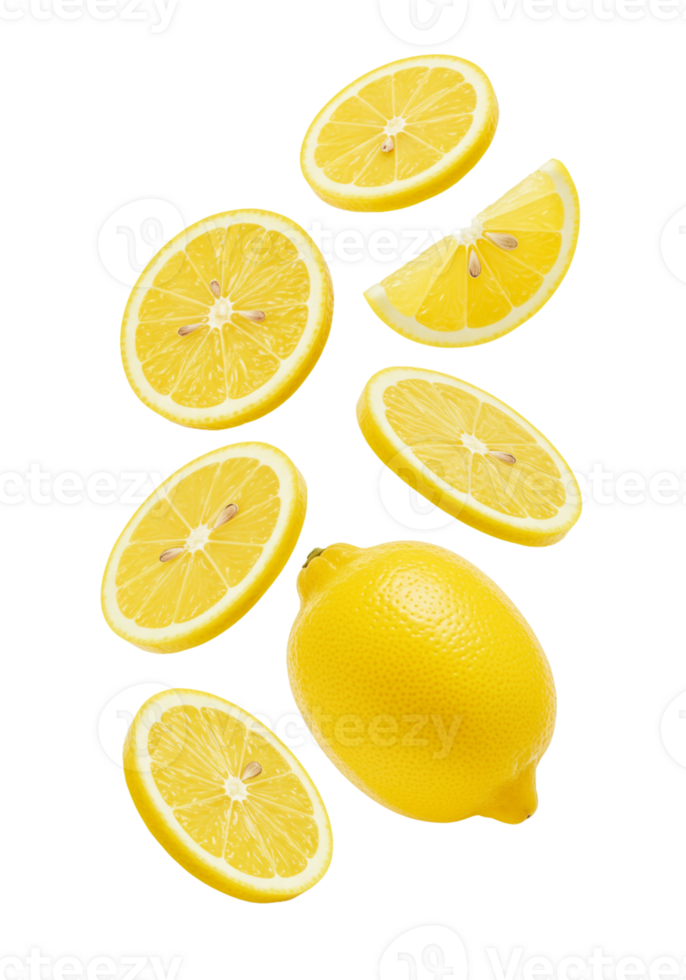 Fresh lemons and lemon slices arranged artistically png