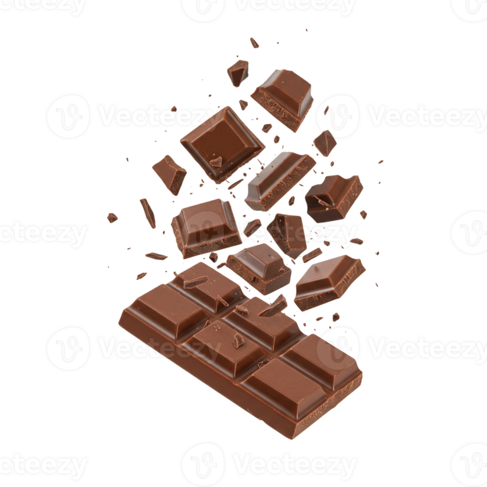 Chocolate pieces in mid-air create a dynamic display png