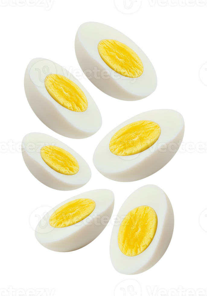 Slices of hard boiled eggs arranged artistically on a white background png