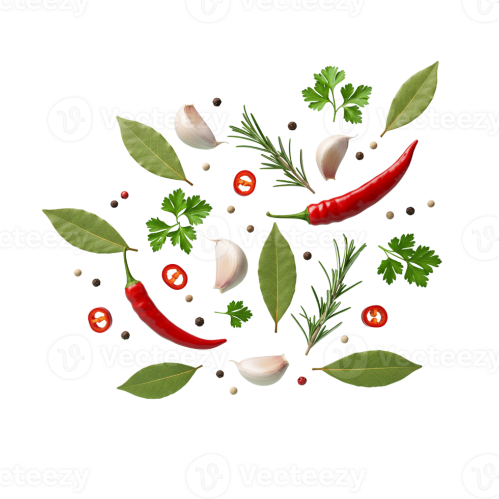 Fresh herbs and spices laid out for cooking or food preparation png