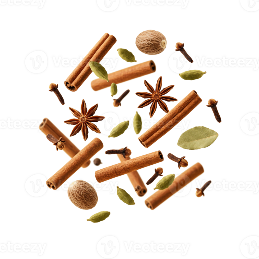 Spices floating in the air create a captivating display png