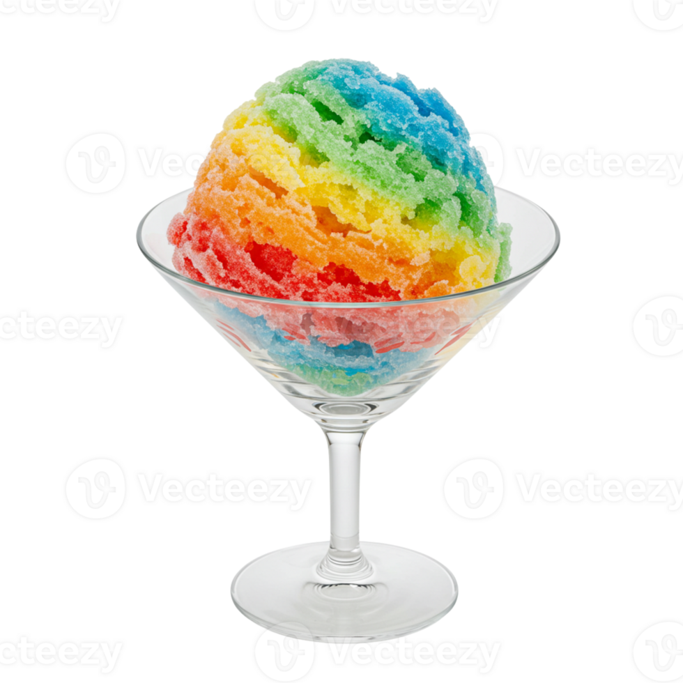 Colorful rainbow shave ice served in a clear glass bowl png