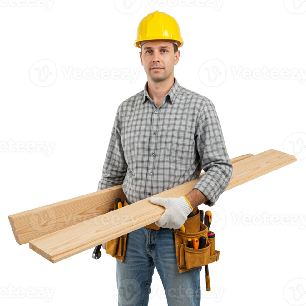 Construction worker carries lumber with tools in apron png