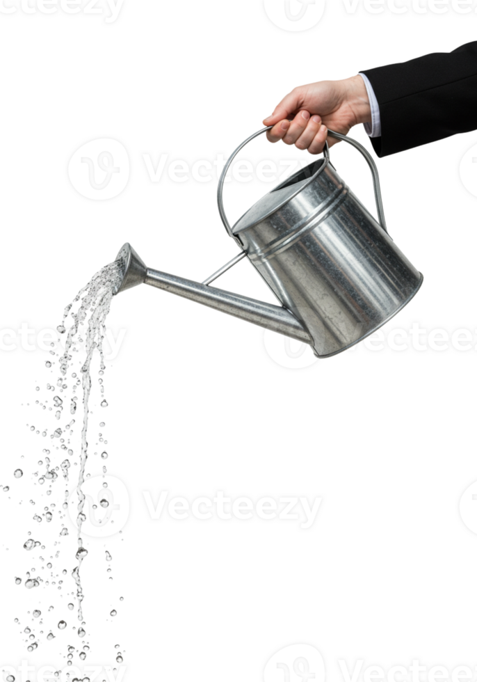 Watering can pours water from a hand in formal attire png