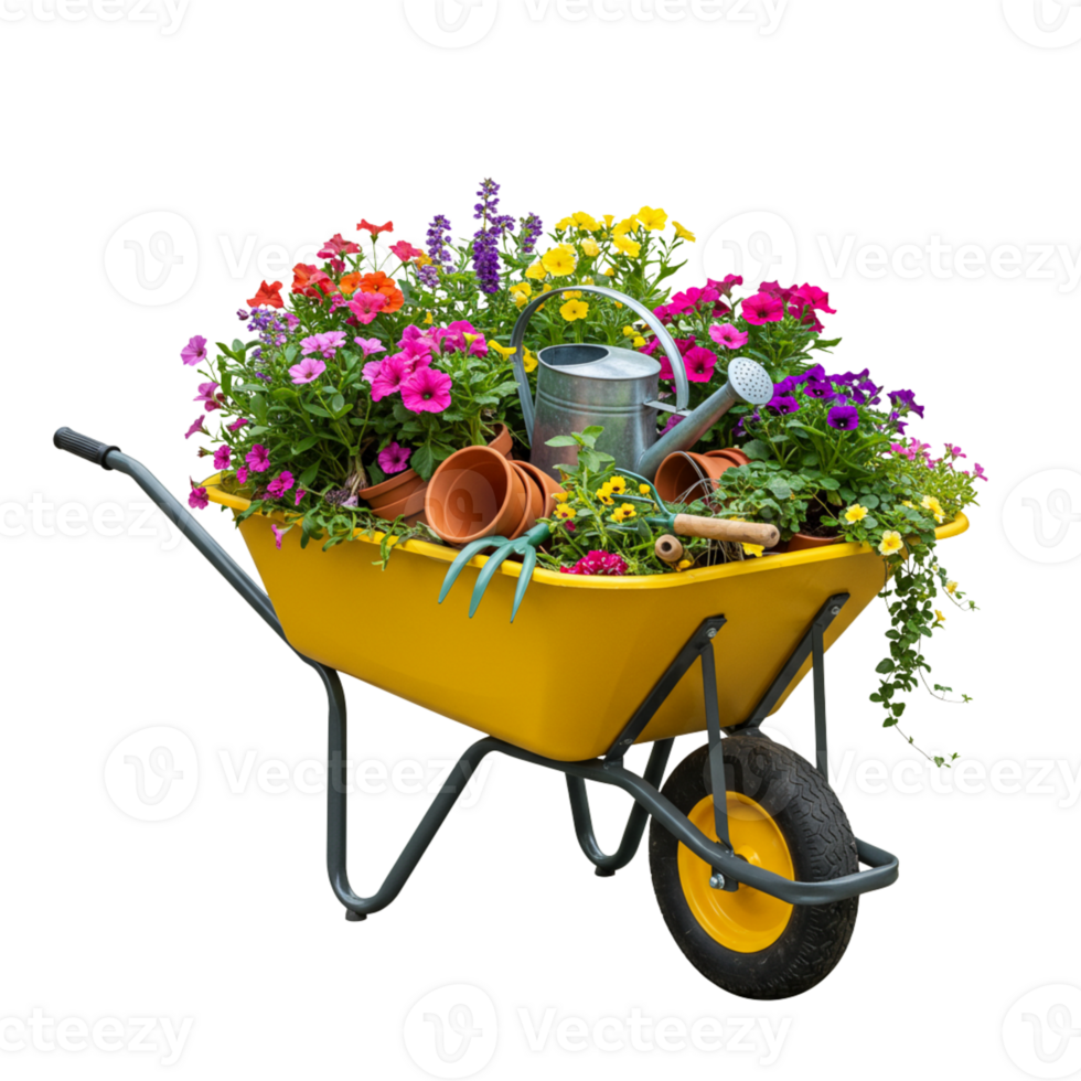 Colorful garden wheelbarrow filled with vibrant flowers png