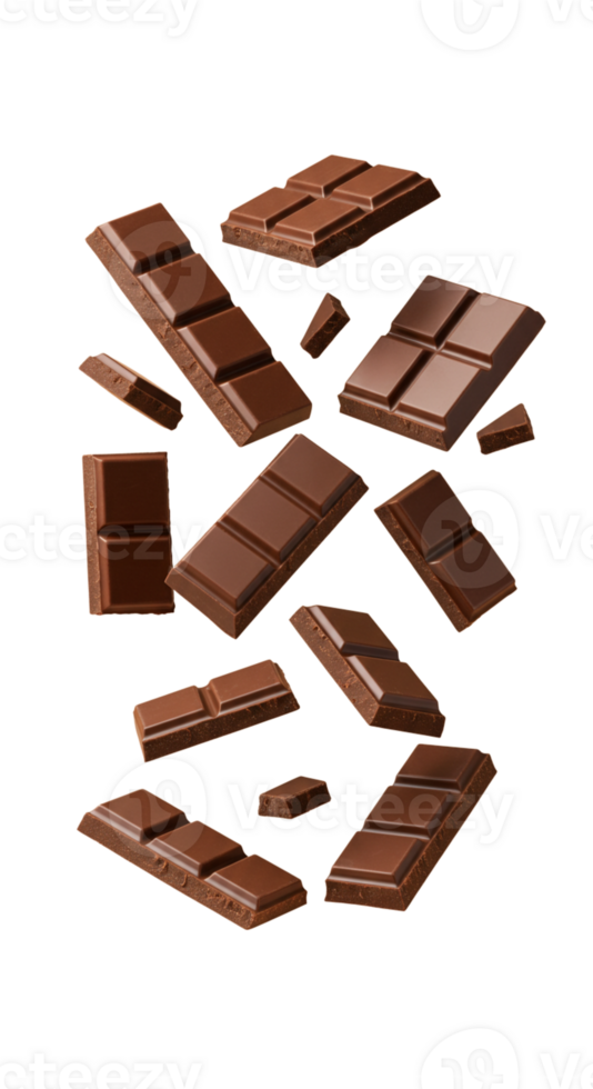 Chocolate bars and pieces scattered creatively png