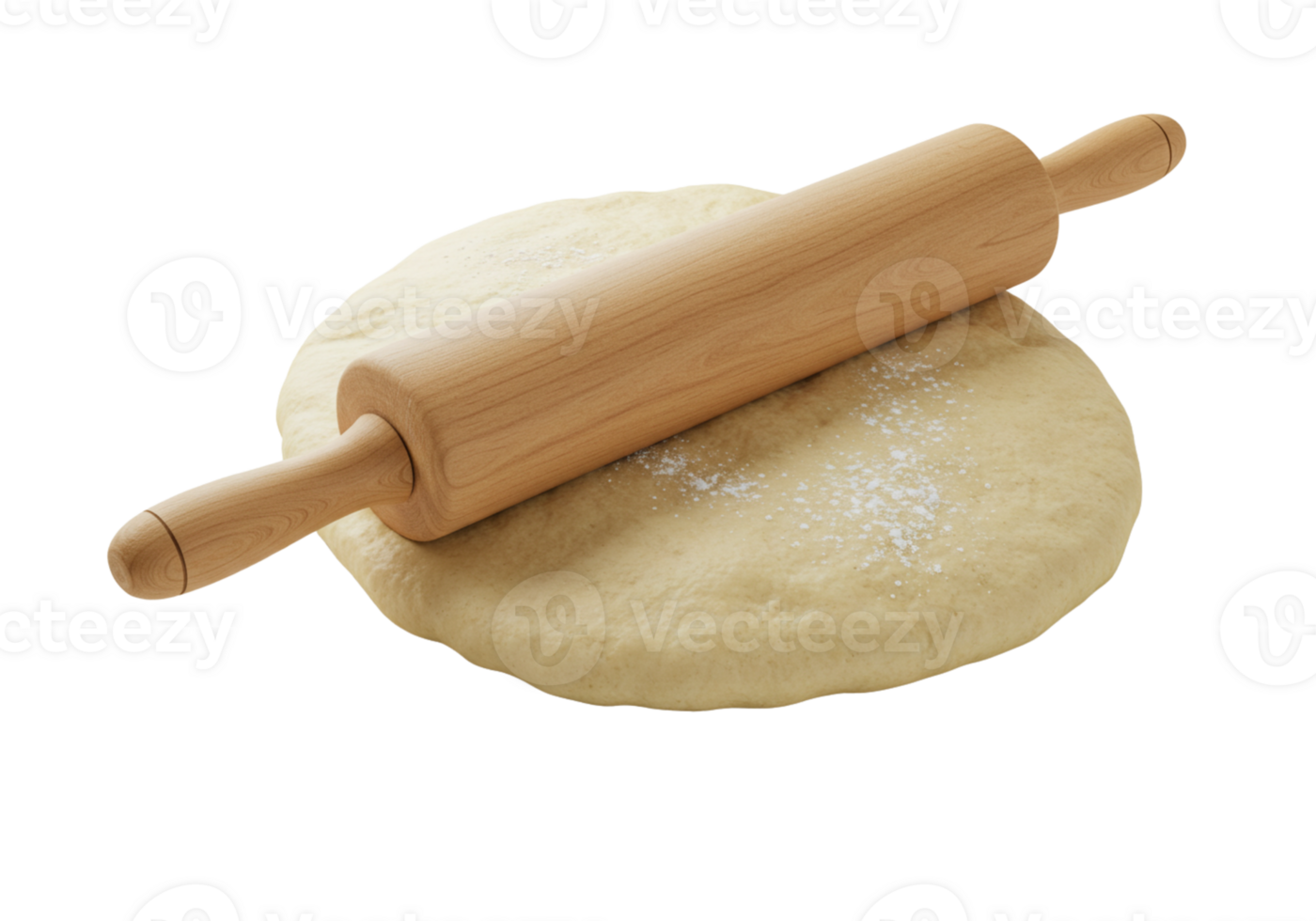 Wooden rolling pin flattening fresh dough piece png