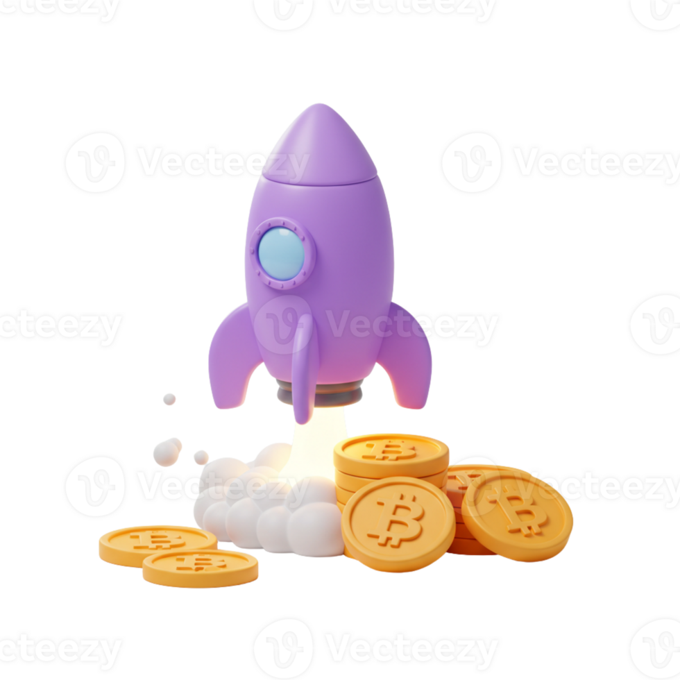 Colorful rocket launching with cryptocurrency coins nearby png