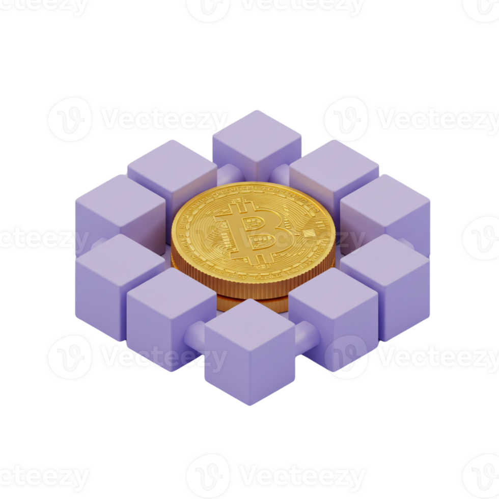 Golden Bitcoin Surrounded by Purple Blocks Structure png