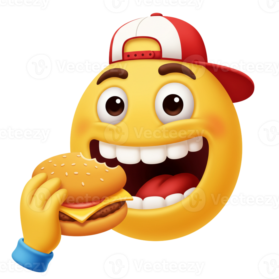 Hungry Emoji Wearing a Cap and Holding a Burger png