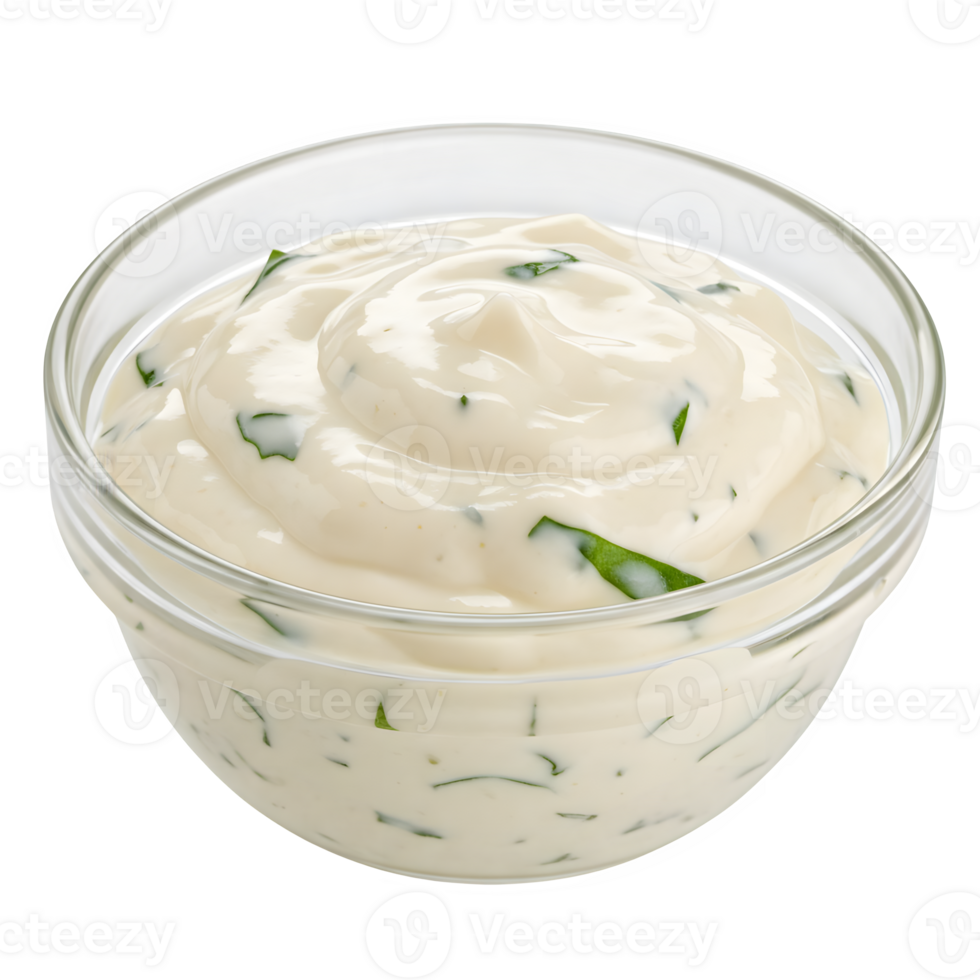 A bowl of white sauce with green leaves png