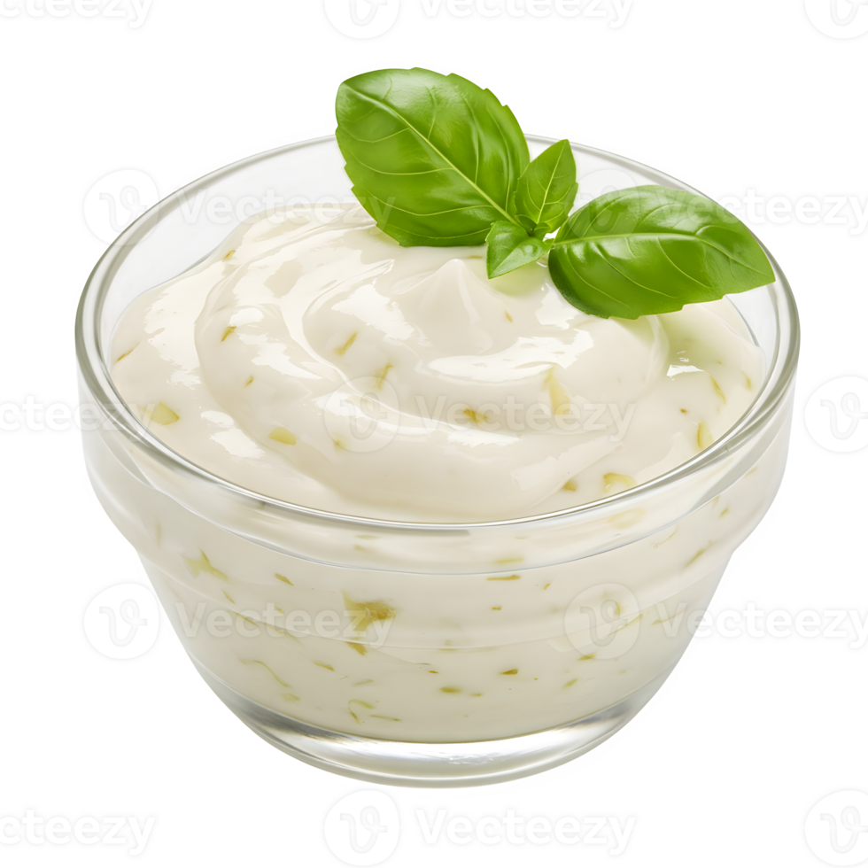 A bowl of yogurt with basil leaves on top png