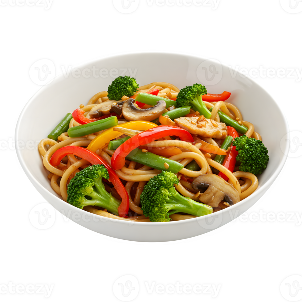 A bowl of zesty stir-fried udon noodles tossed with broccoli, bell peppers, green beans, and mushrooms png
