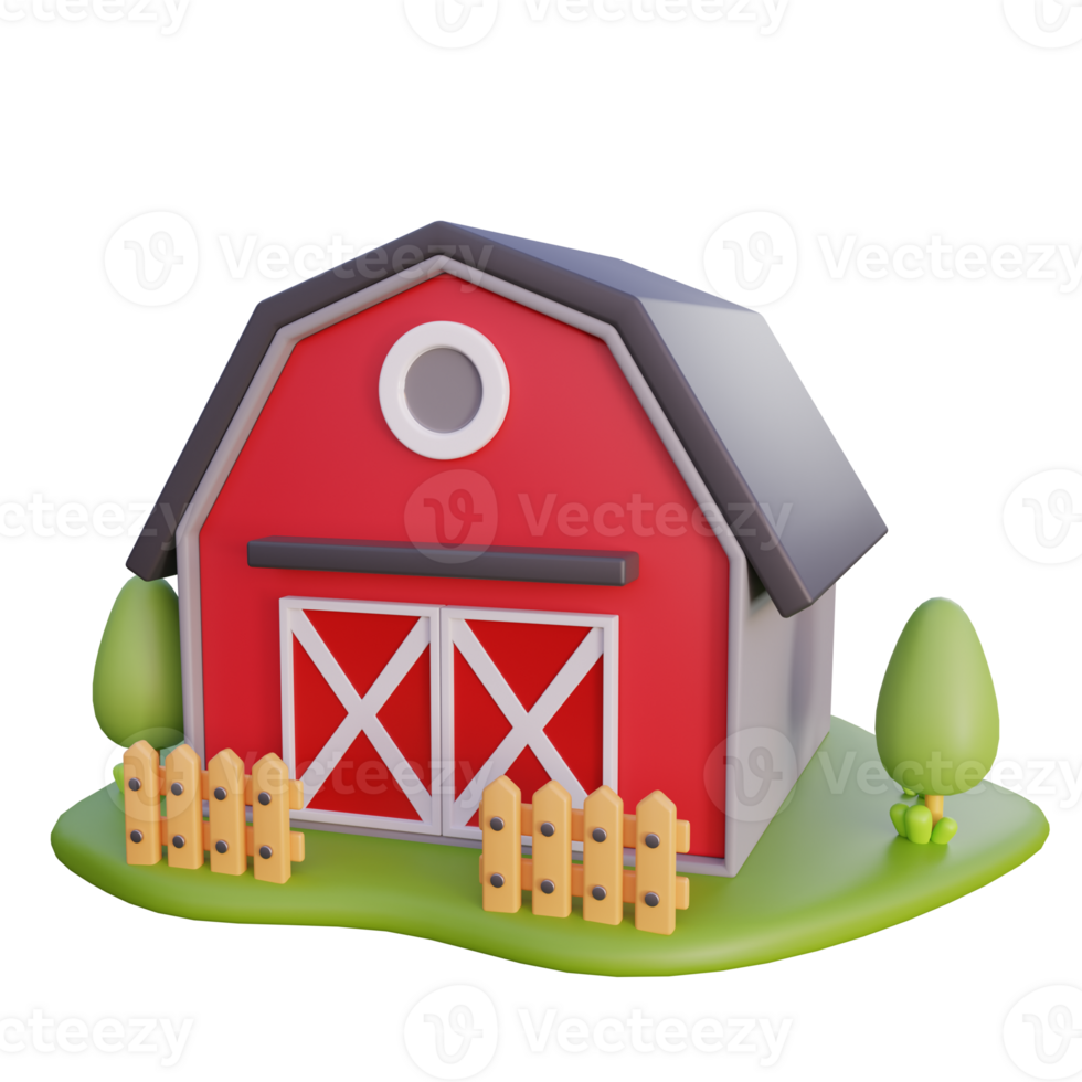 a red barn with a fence and trees view from side png