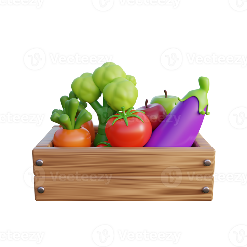 a wooden box with full vegetables and fruits on it png