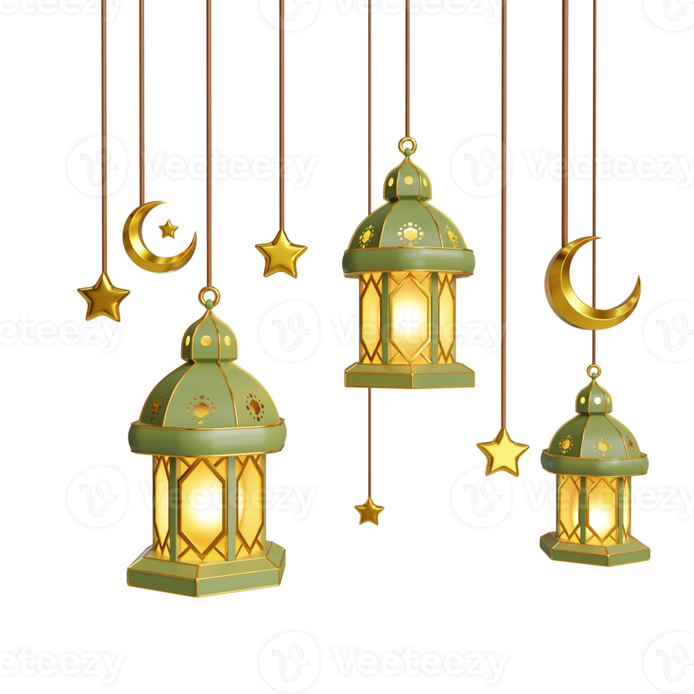 three lanterns hanging from strings with stars and crescent png