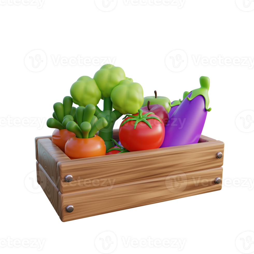 a wooden full box with vegetables and fruits on it png