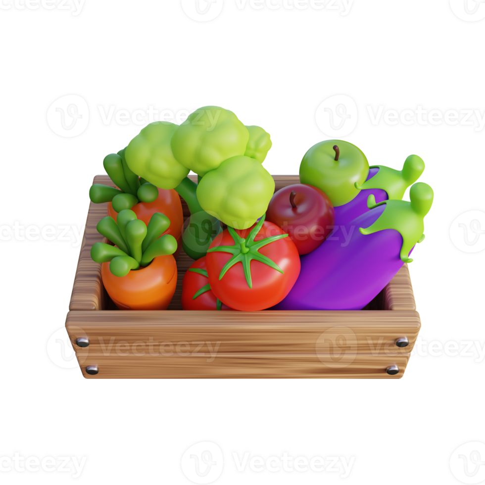 a wooden box with vegetables and fruits on it png