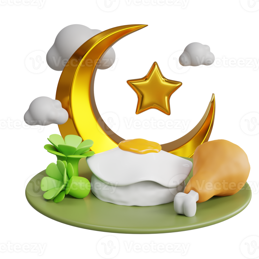 3d illustration of a crescent moon and an egg on a plate png