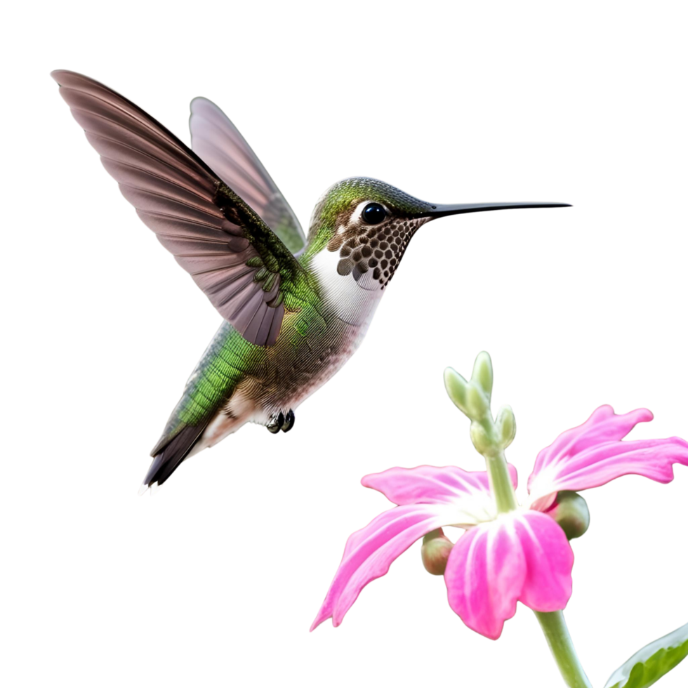 Realistic Hummingbird Flying Bird Near Pink Flower on Transparent Background png