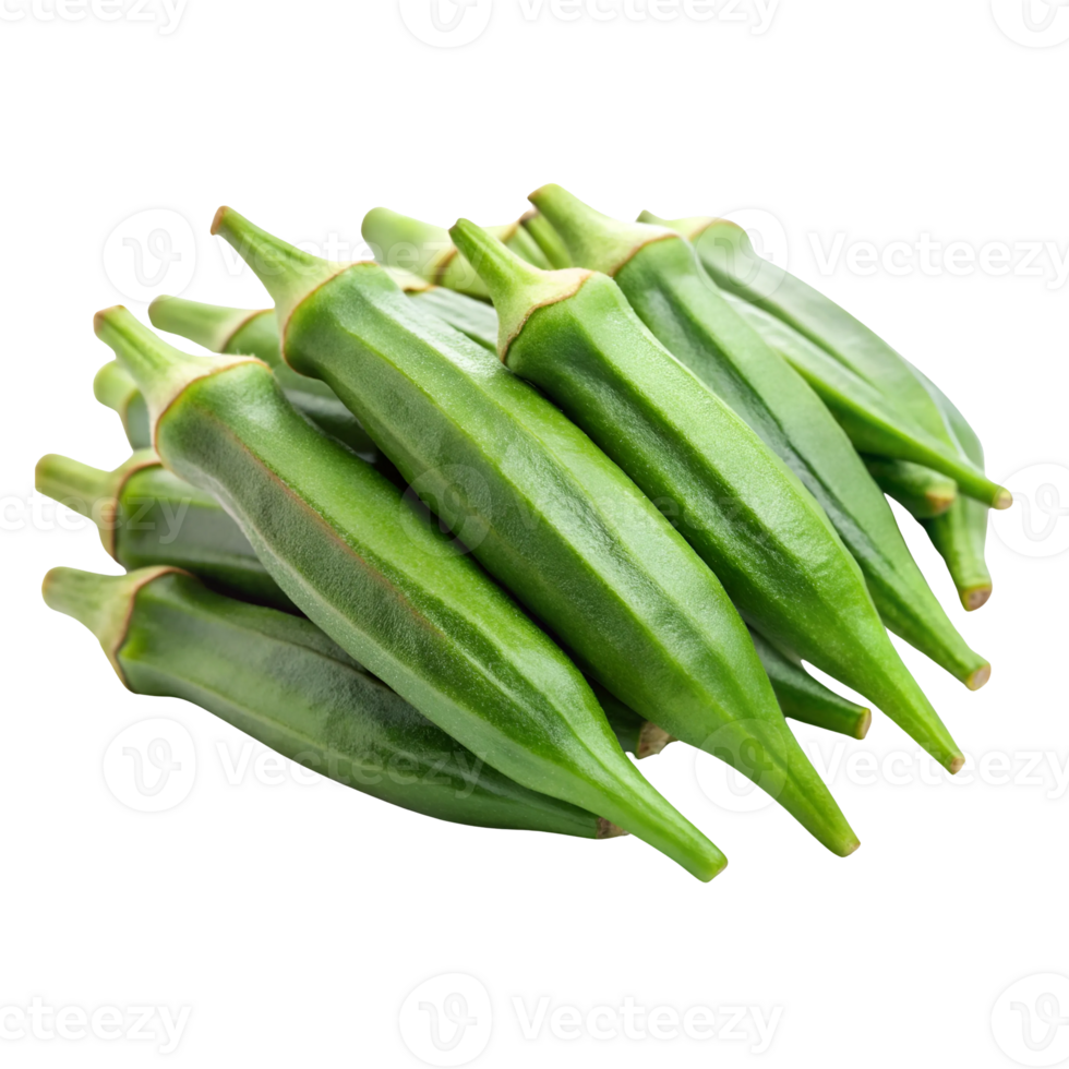 Fresh okra pods, vibrant green vegetables, elongated smooth texture, clustered produce png