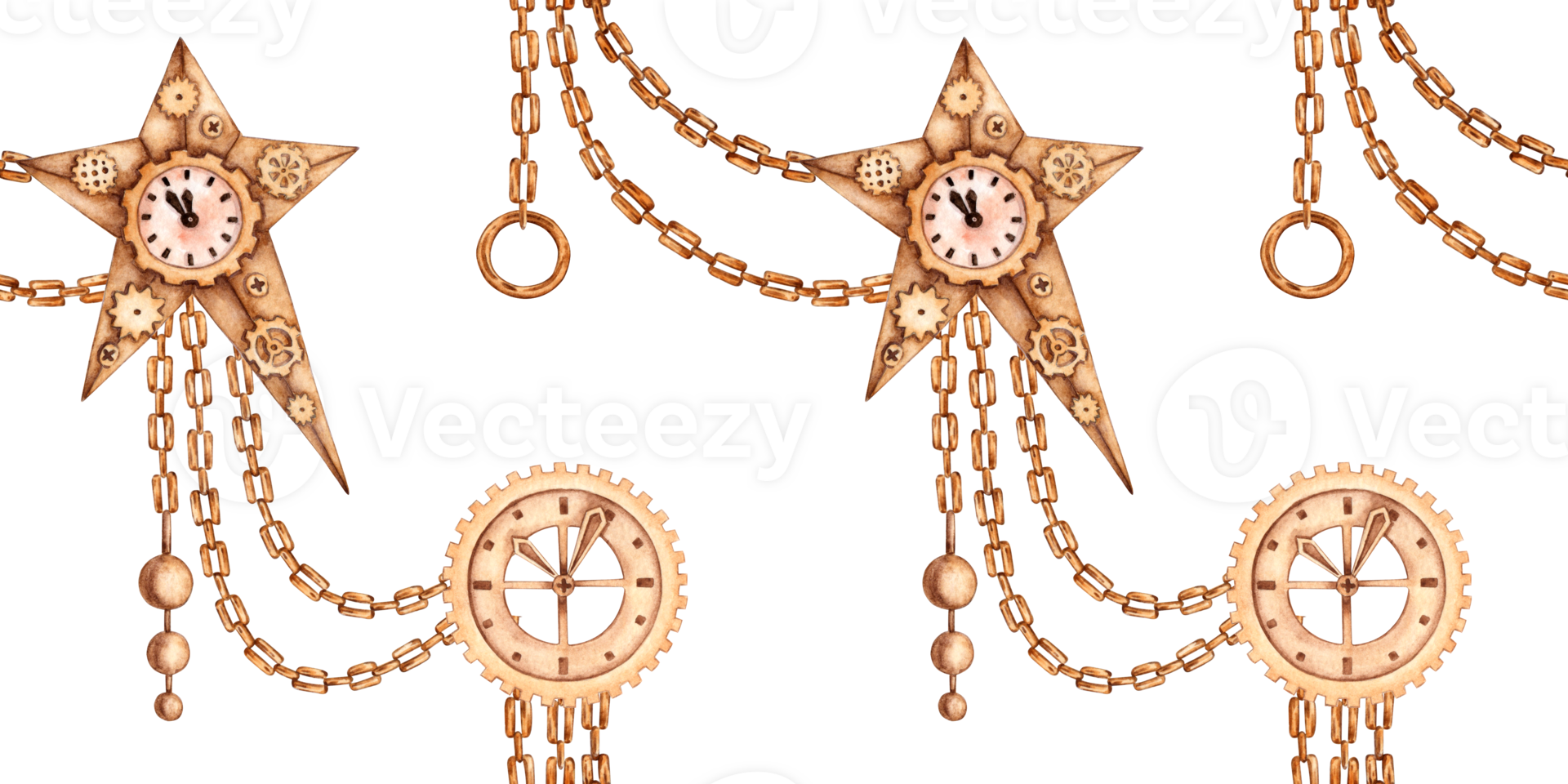Gold chains, hanging stripes, star, rings, gears watercolor illustration, hand drawn. New Year, Christmas seamless pattern in steampunk style. Isolated from the background. png