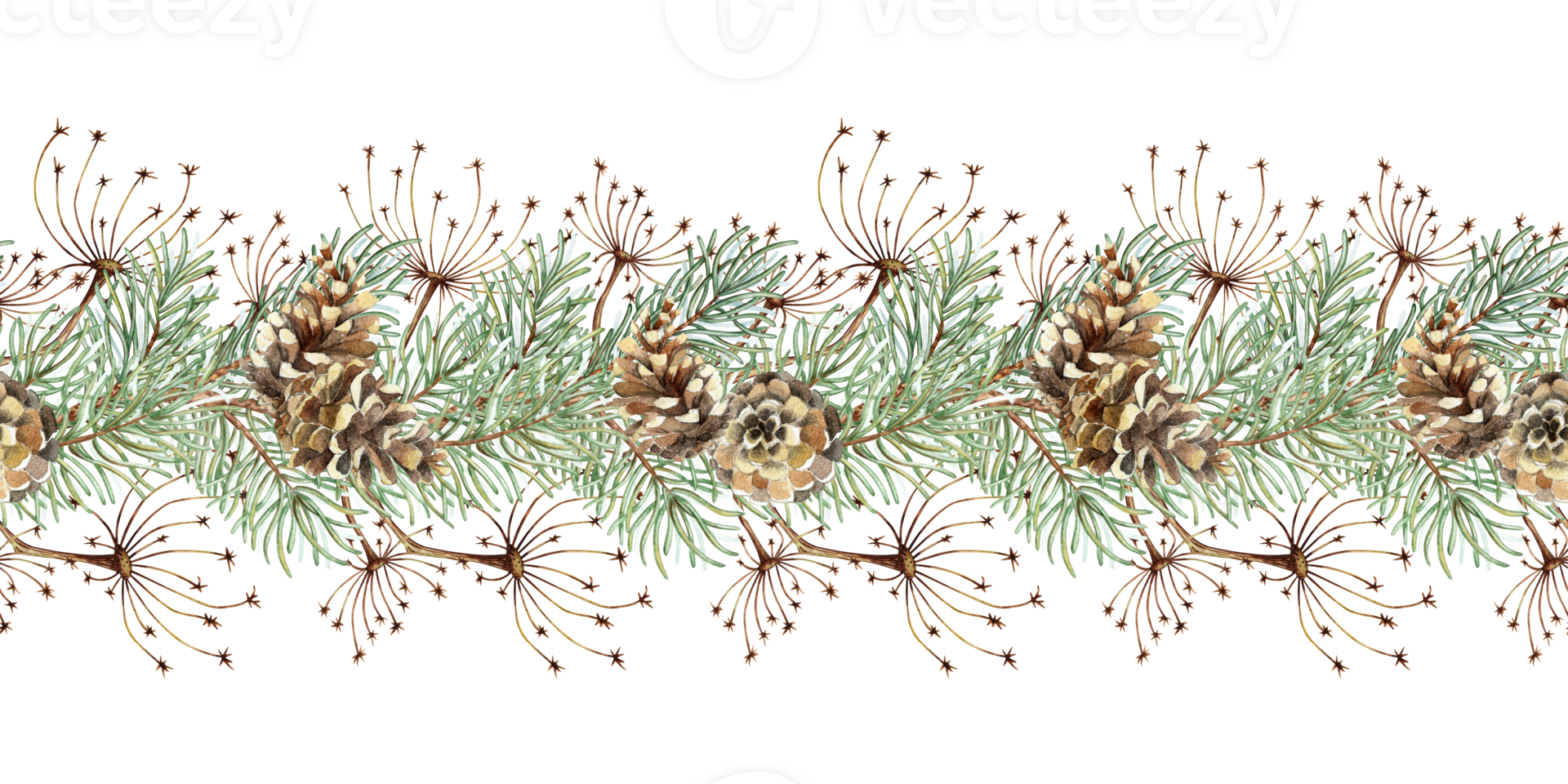A garland of fir branches, cones and grass for the New Year and Christmas watercolor illustration is drawn by hand. Seamless horizontal border with winter plants isolated from background. evergreen. png