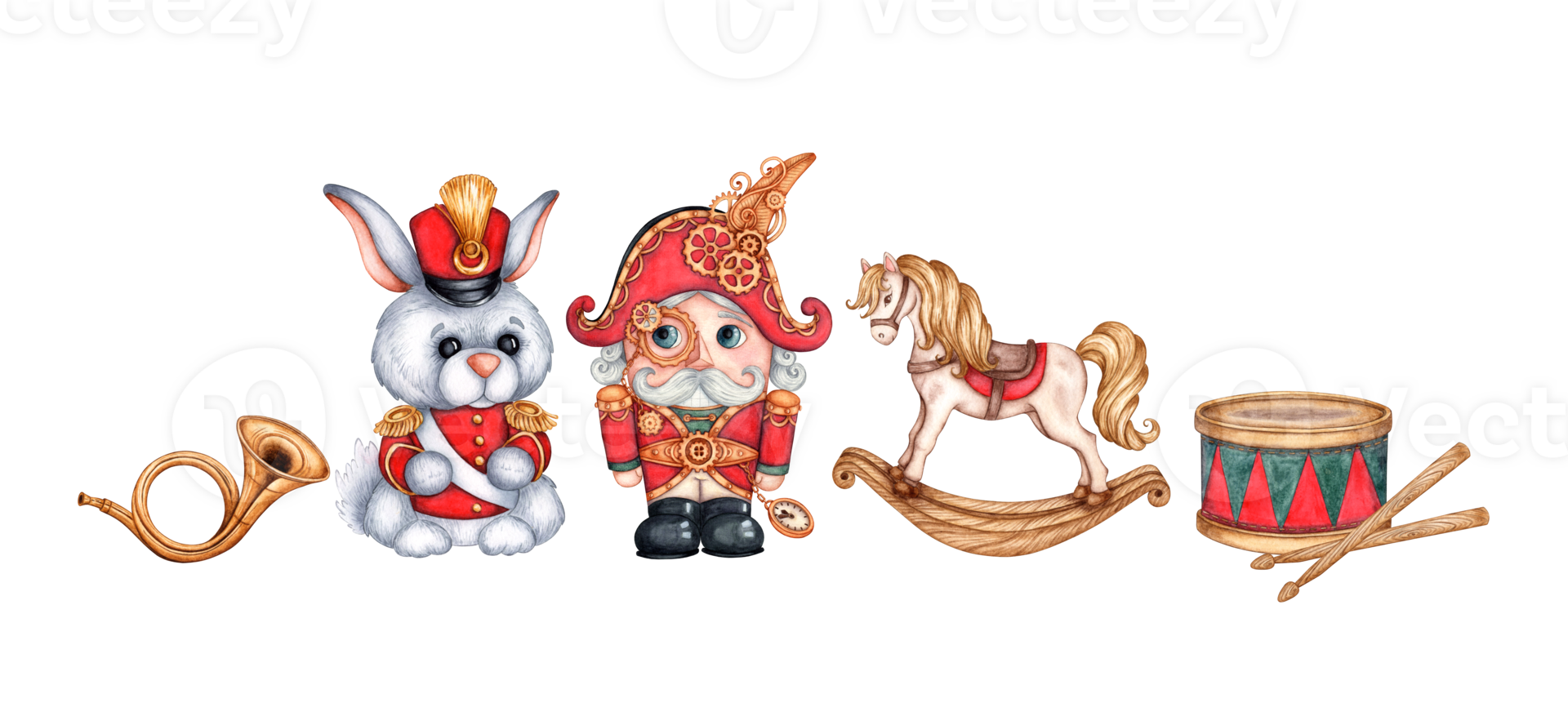 Set of children's toys with rocking horse, war rabbit, drum, bugle and nutcracker watercolor illustration. Toys for the decoration of children's parties, Christmas and New Year, isolated background. png