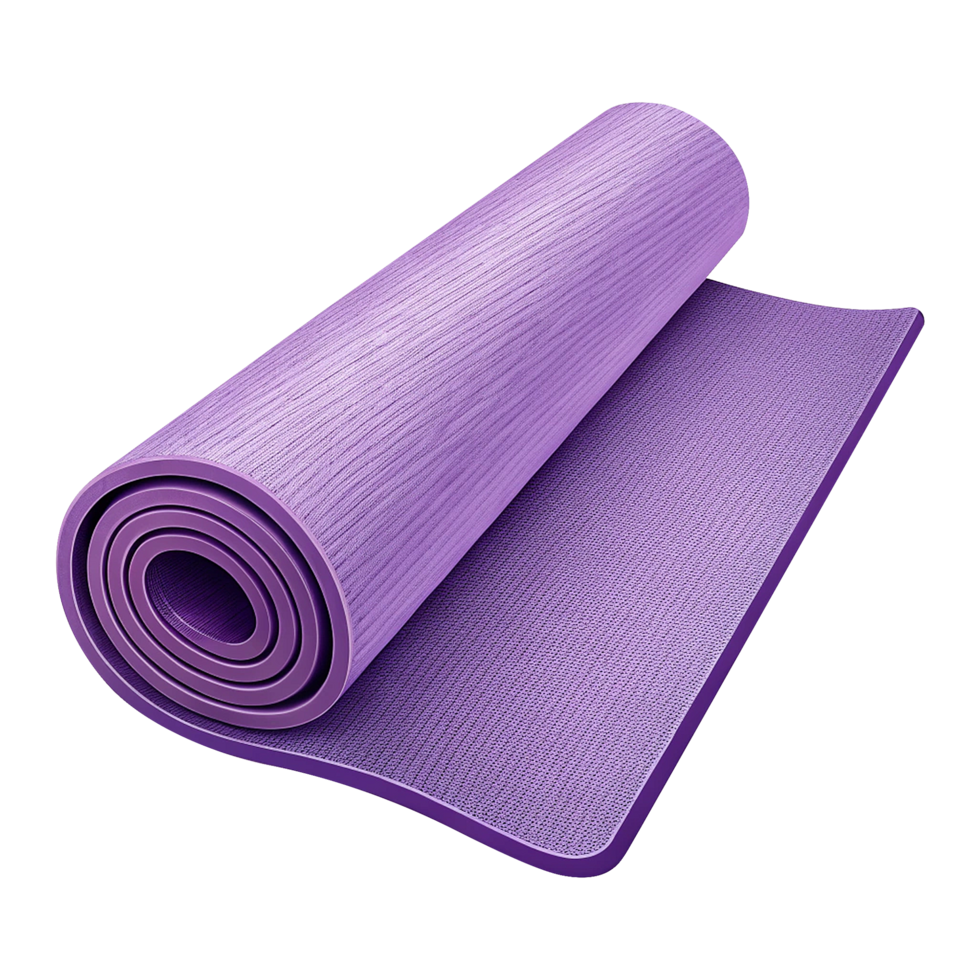 Portable purple rolled yoga mat isolated on transparent background png
