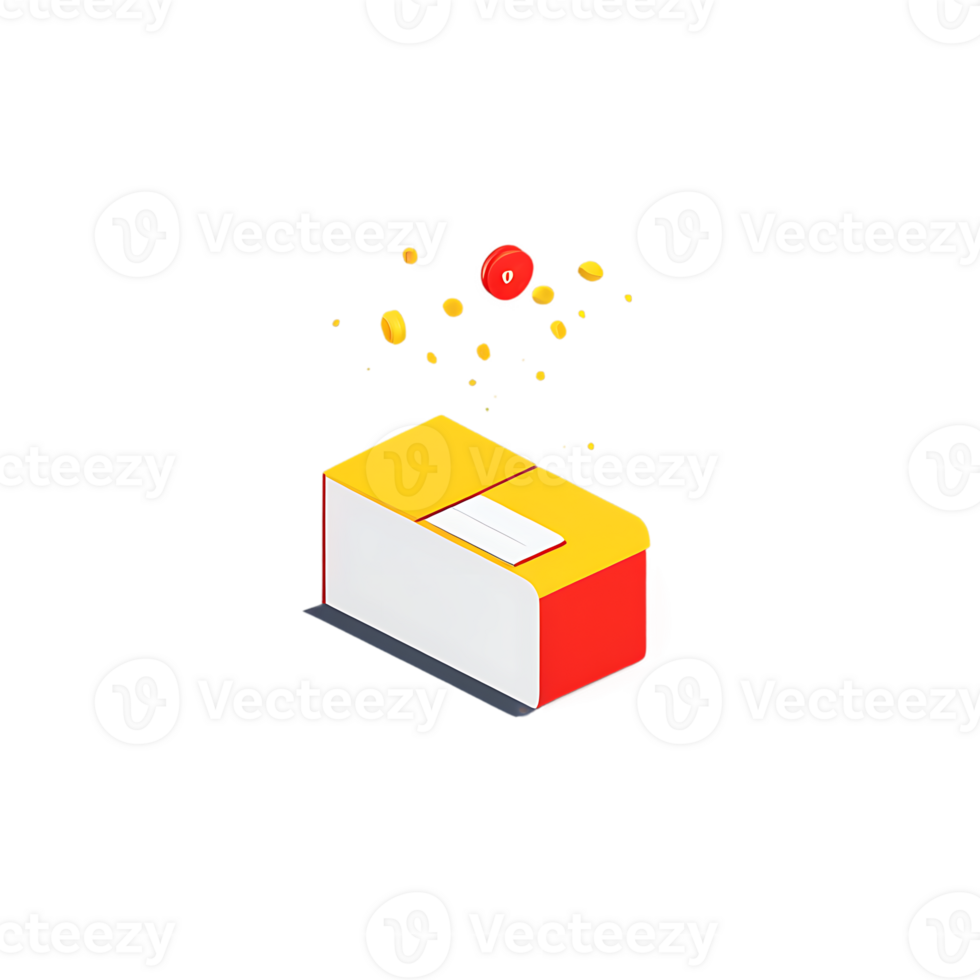 Isometric 3D Gift Box Icon Minimalist Design White Yellow Top Red Bottom Open Lid Colorful Confetti Cheerful Festive Surprise Concept Art png