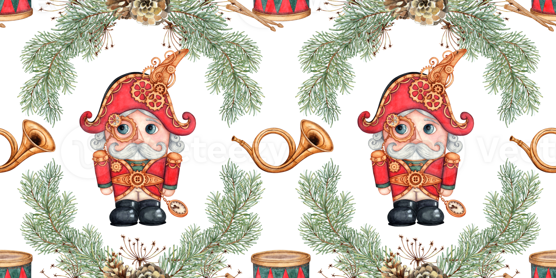 Nutcracker, drum, fir branches, grass, pine cones, in a watercolor illustration in steampunk style, hand drawn. Christmas, New Year seamless pattern isolated from background. png