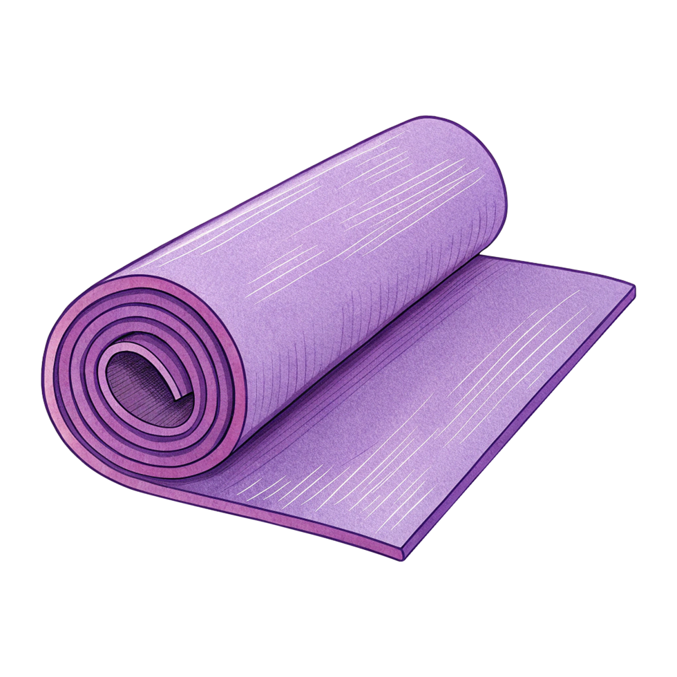 Travel friendly purple yoga mat rolled up on transparent background png