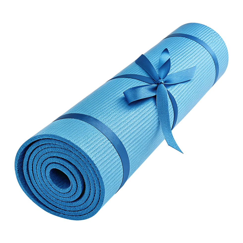 Non slip blue yoga mat neatly rolled on transparent background png