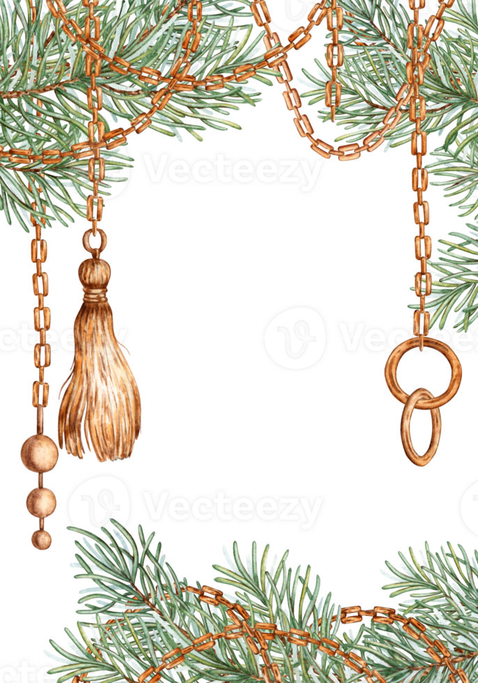 Fir branches, chains, pendants Christmas banner watercolor illustration. Frame vertical, border, border with winter plants isolated from background. Pine, fir, juniper, evergreen. png