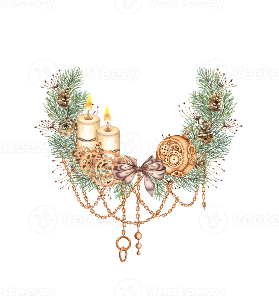 Fir branches with bow, grass, pine cones, candles, gears and ball Christmas and New Year wreath watercolor illustration. Round frame, border with winter plants isolated from background. evergreen png