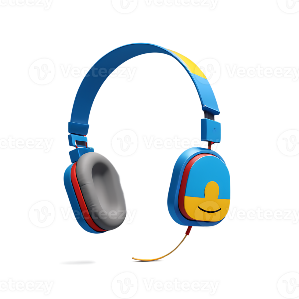 Children's Headphones 3D Icon Blue and Yellow Smiling Face Emoji Padded Ear Cups Adjustable Headband Playful Audio Device Kid-Friendly Electronics png