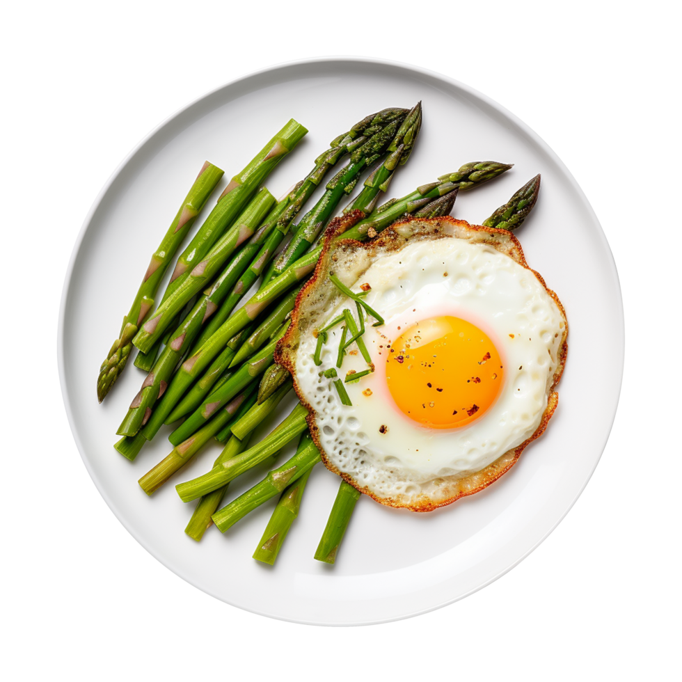Gourmet breakfast with asparagus and fried egg on transparent background png