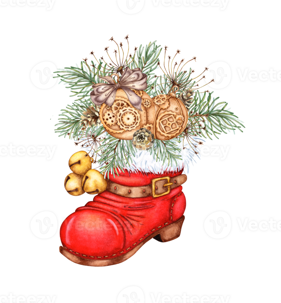Red Santa shoe, with fir branches, grass, pine cones, golden balls, watercolor illustration, isolated from background. symbol Christmas holiday, traditional element New Year's costume Santa Claus. png