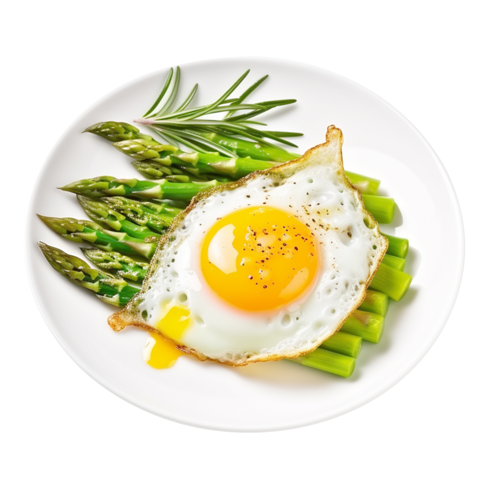 Crispy fried egg with asparagus on transparent background png