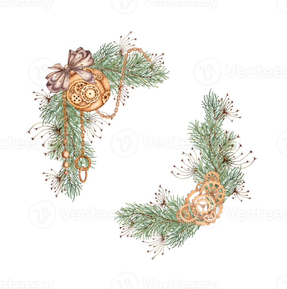Fir branches with brown bow, grass, chains, ball and gears watercolor illustration. Forest plants for winter, Christmas and New Year's decor. Isolated from the background. Frame, border, border png