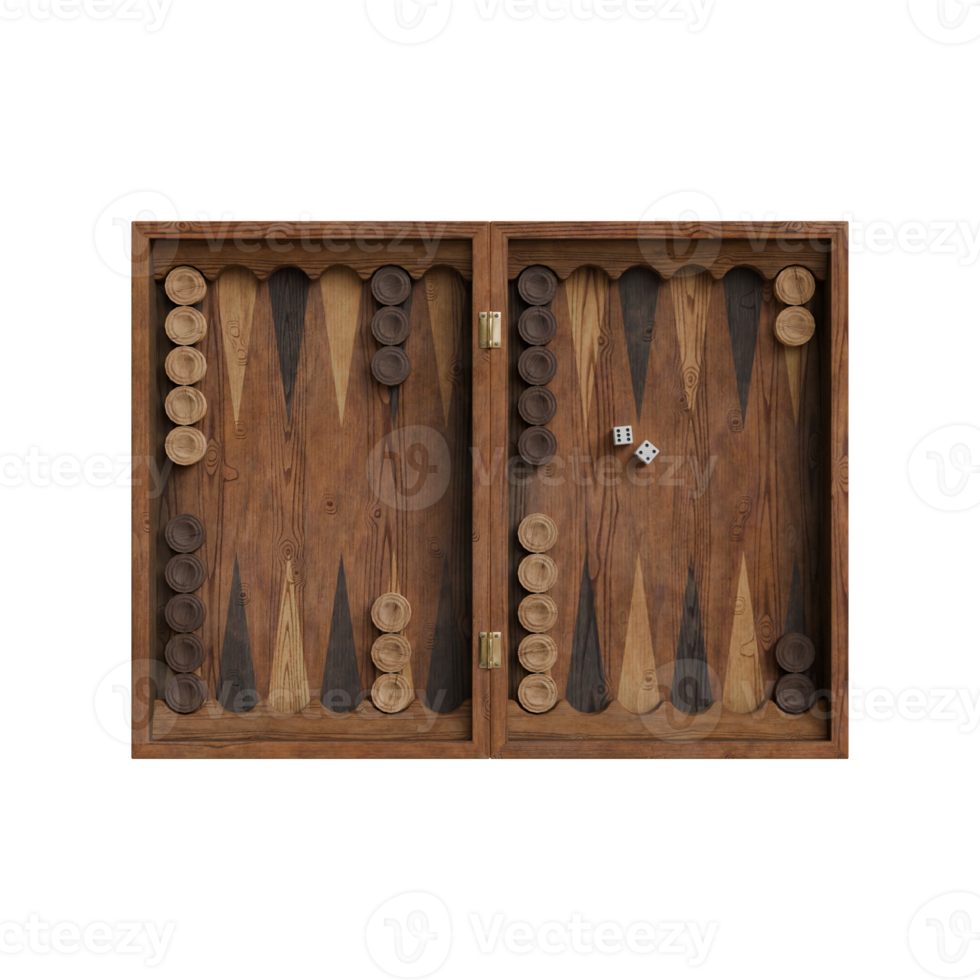 Backgammon set with wooden pieces and dice png