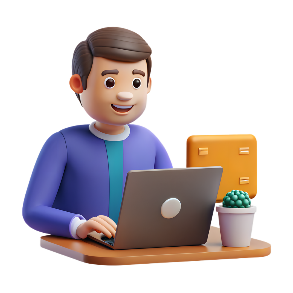 a man sitting at a desk with a laptop and a cactus png