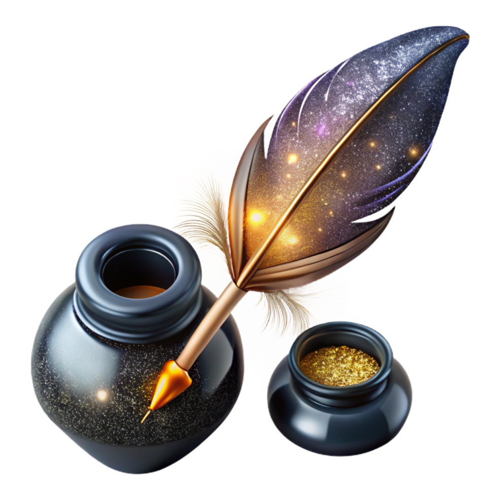 beautiful contemporary Black Quill Pen and Inkwell Isolated exclusive png