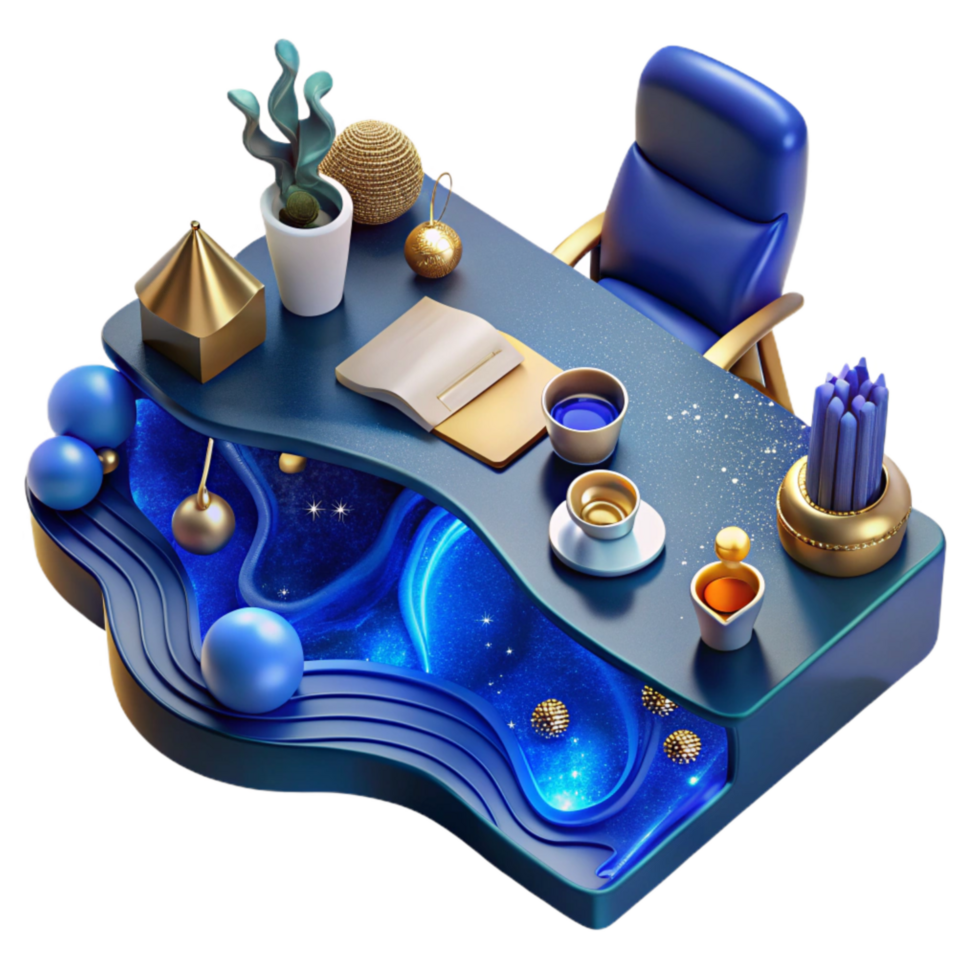 wonderful creative Blue Office Desk Flatlay Transparent Background professional png