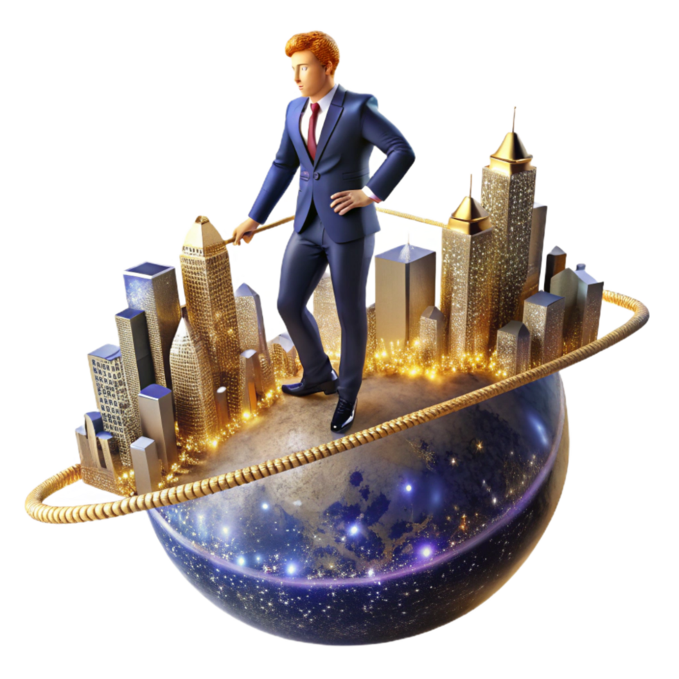 wonderful creative Businessman Balancing on Tightrope Over Cityscape Isolated exclusive png