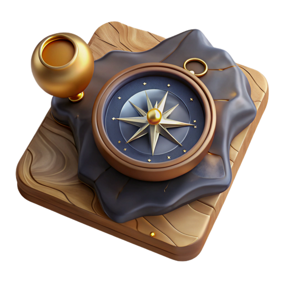 serene vintage Compass and Map on Wooden Table Top View Isolated premium png