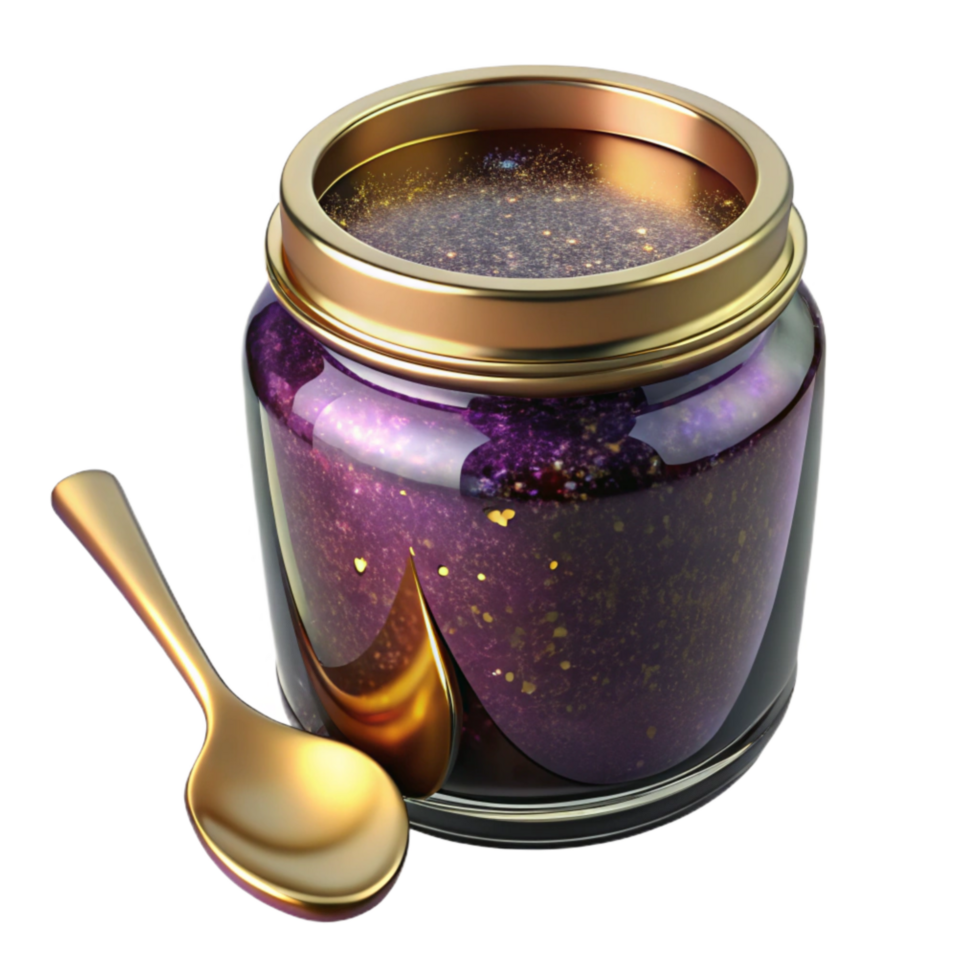 dramatic classic Glass Jar with Jam and Spoon Transparent Background authentic png