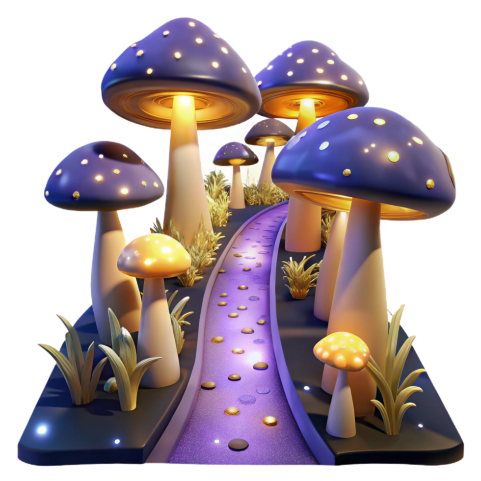 impressive artistic Glowing Mushrooms Lining Forest Path at Night Cutout high quality png