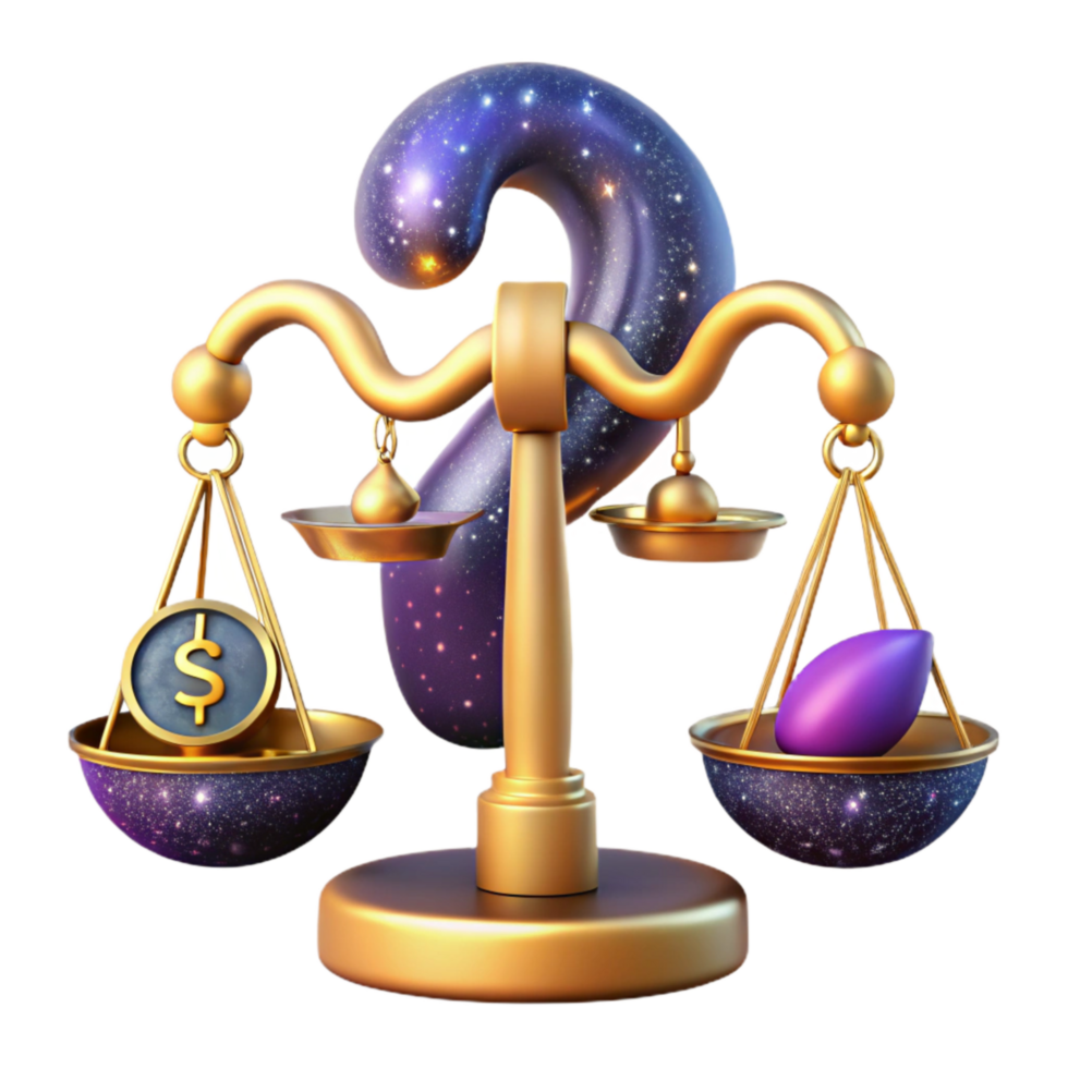 dramatic rustic Golden Scale Balanced with Dollar Sign and Question Mark Cutout exclusive png
